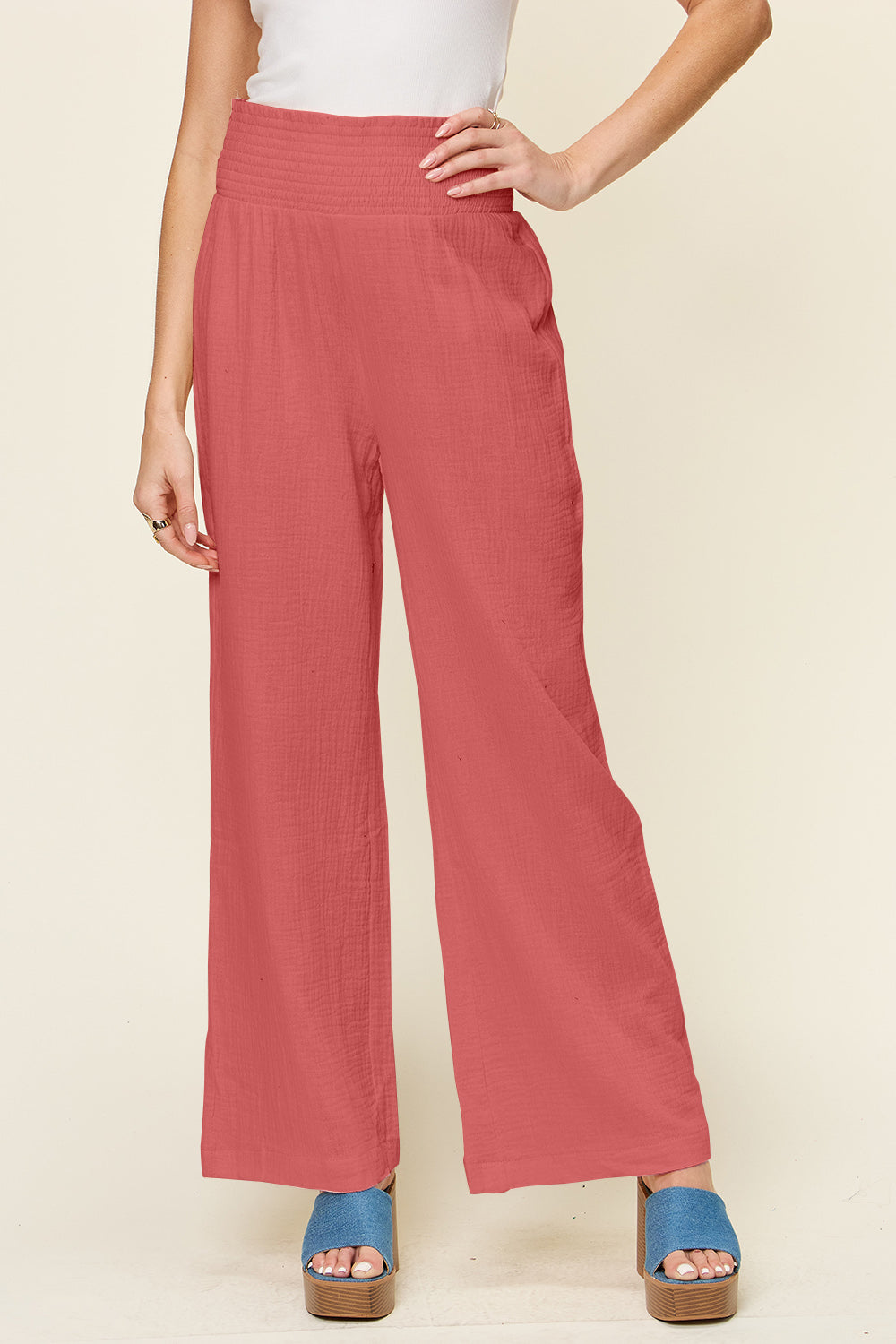 Double Take Full Size Texture Smocked Waist Wide Leg Pants 