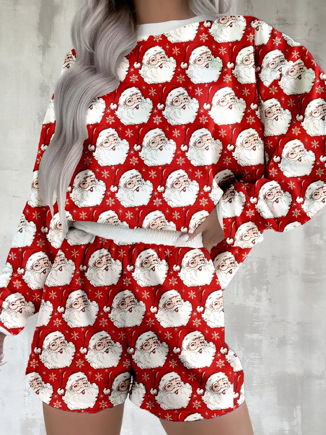 Christmas Santa Print Round Neck Top and Shorts Lounge Set Lingerie & Nightwear