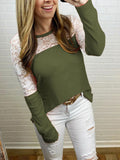 Waffle-Knit Lace Round Neck Long Sleeve T-Shirt 