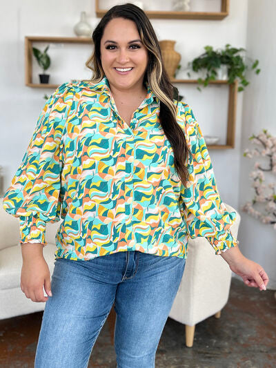 Double Take Full Size Printed Smocked Long Sleeve Blouse 