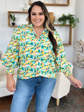 Double Take Full Size Printed Smocked Long Sleeve Blouse 