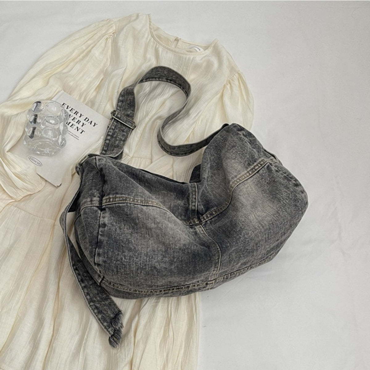 Adjustable Strap Denim Tote Bag 