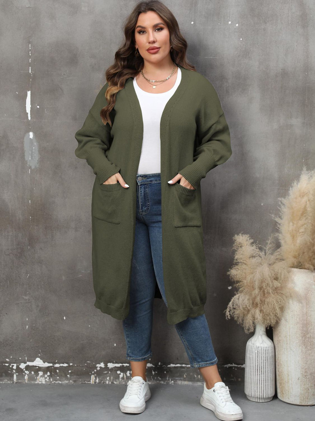 Plus Size Long Sleeve Pocketed Cardigan 
