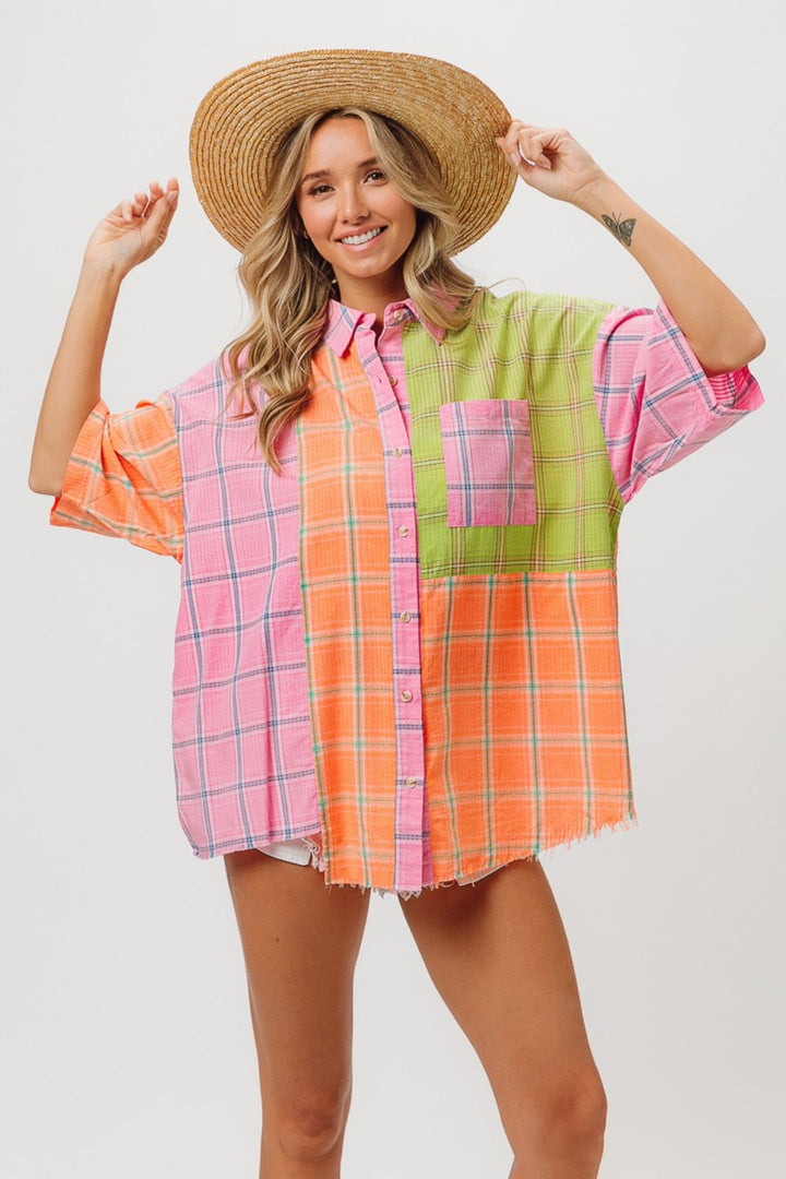 BiBi Plaid Collared Neck Half Sleeve Shirt 