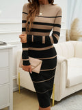 Devine Color Block Round Neck Long Sleeve Midi Dress 