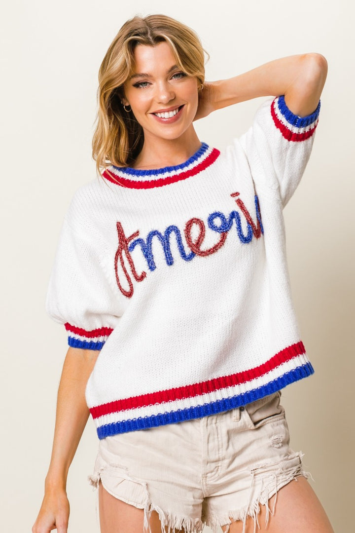 BiBi Metallic America Letter Short Sleeve Sweater 