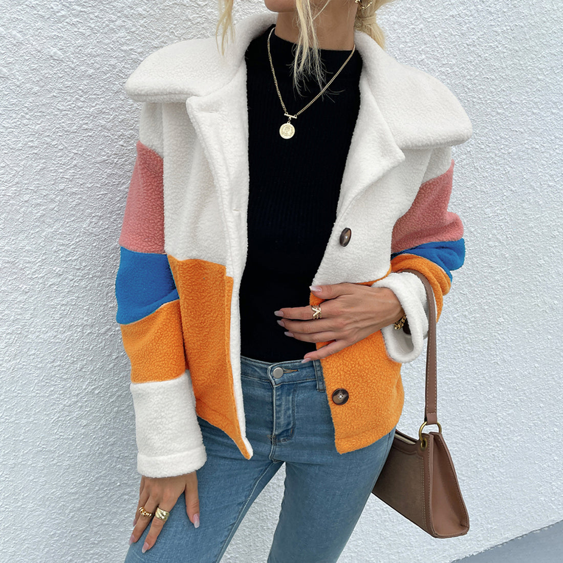 Shiny Color Block Button Down Collared Jacket 