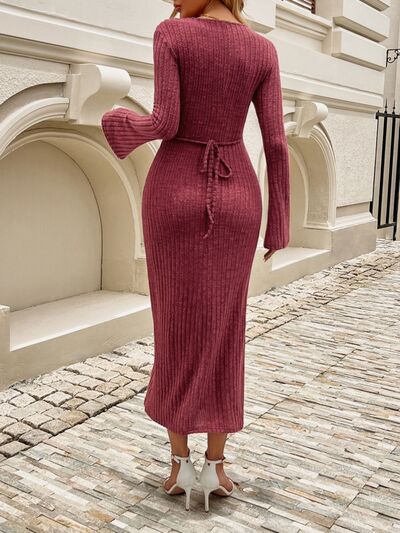Devine Tied V-Neck Long Sleeve Sweater Dress Dresses