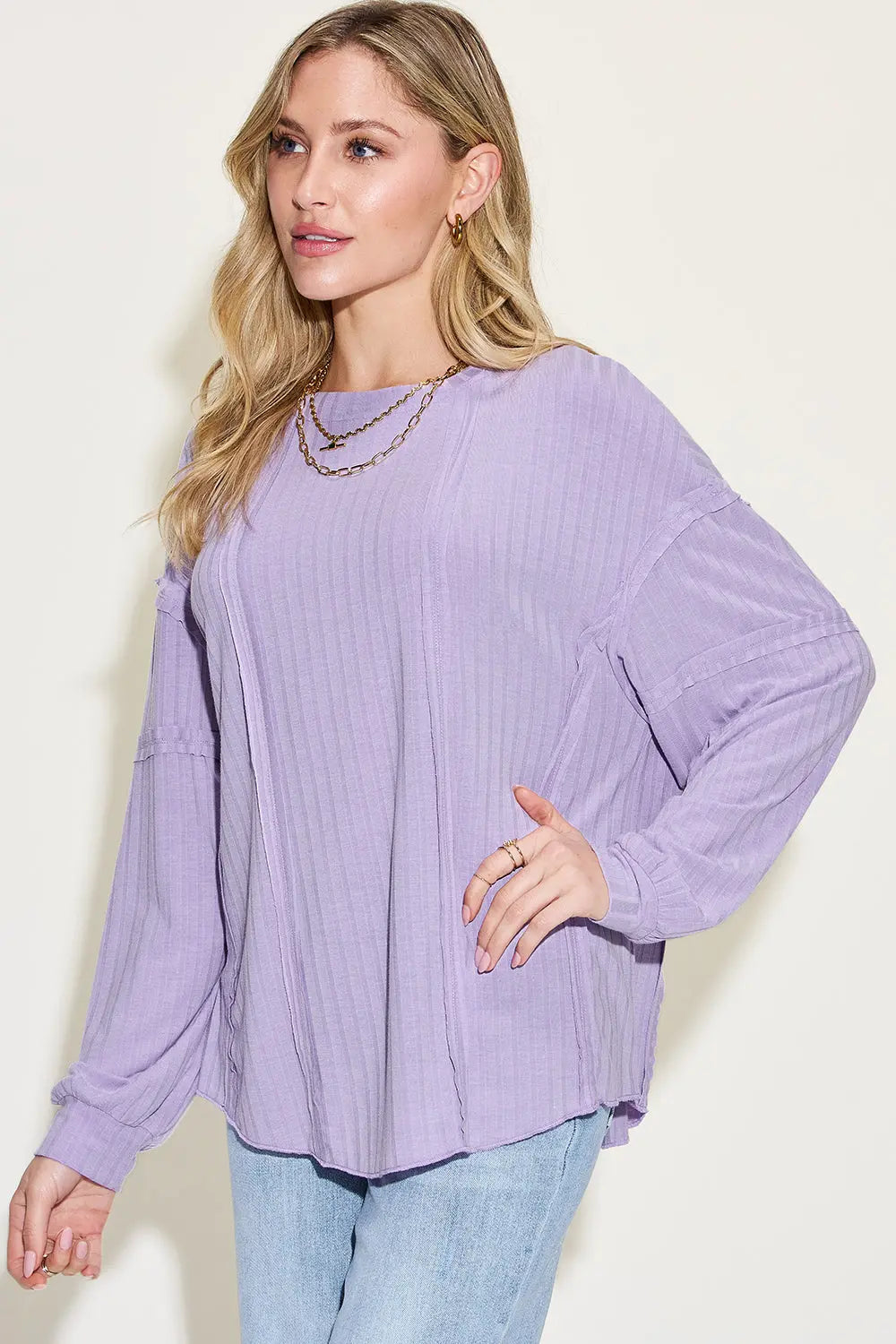 Basic Bae Full Size Ribbed Round Neck Long Sleeve T-Shirt Sweaters & Cardigans