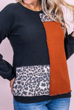 Plus Size Waffle-Knit Leopard Round Neck Blouse 