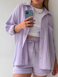 Textured Button Up Shirt and Shorts Set Two Piece Dresses