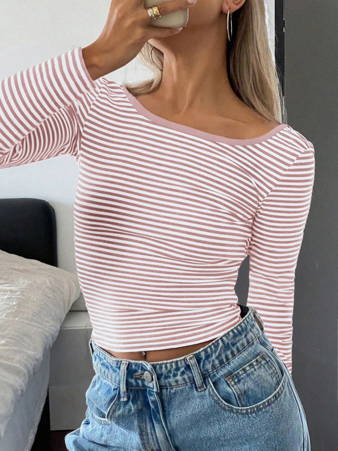 Devine Backless Striped Boat Neck Long Sleeve T-Shirt 