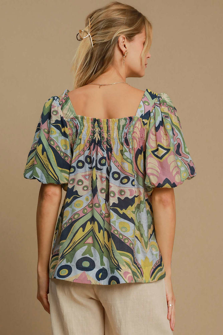 Umgee Full Size Abstract Print Smocked Square Neck Puff Sleeve Blouse 
