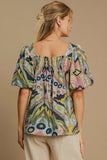 Umgee Full Size Abstract Print Smocked Square Neck Puff Sleeve Blouse 