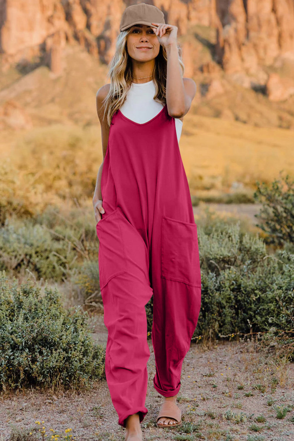 Double Take Full Size V-Neck Sleeveless Jumpsuit with Pockets 