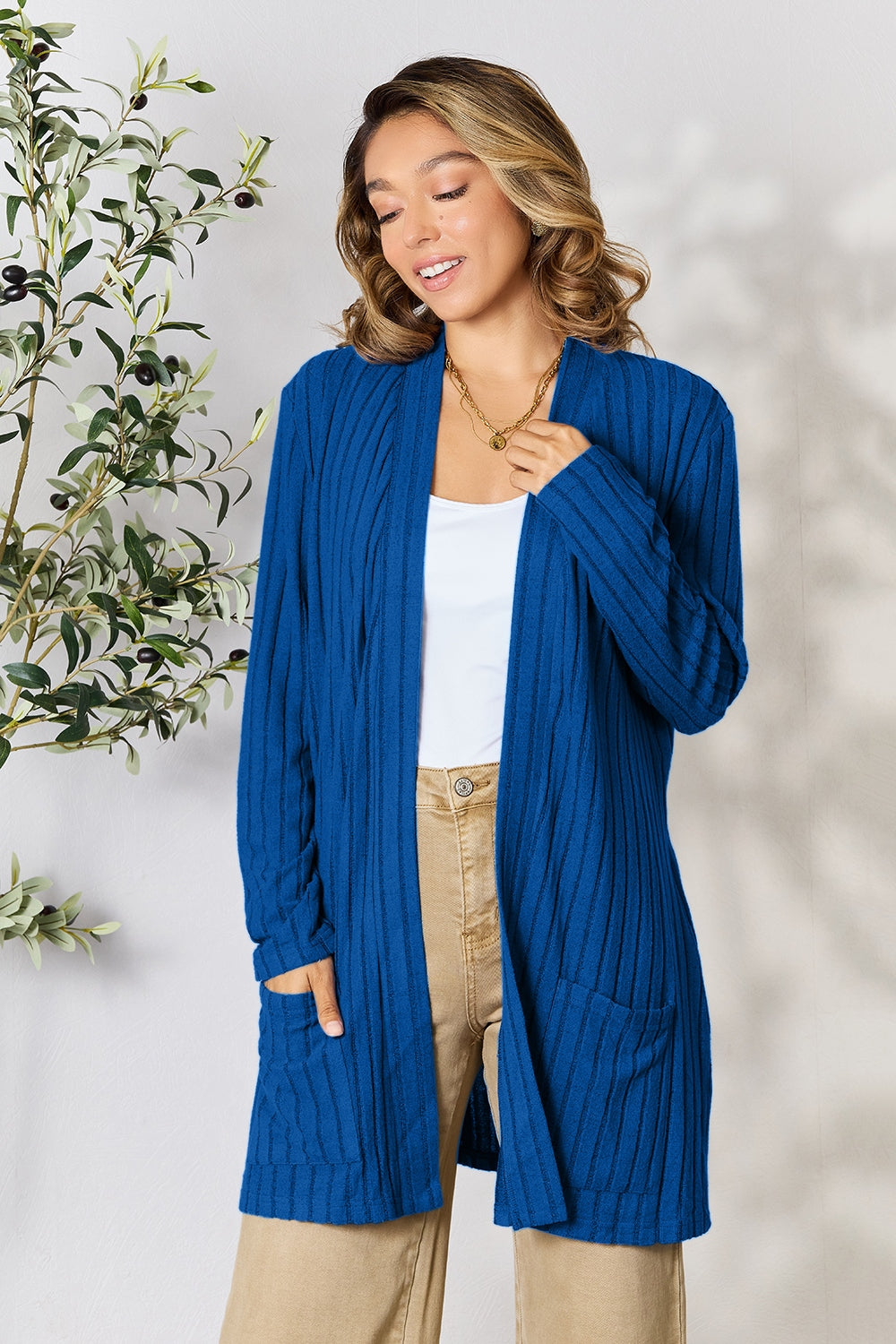 Basic Bae Full Size Ribbed Open Front Cardigan with Pockets 