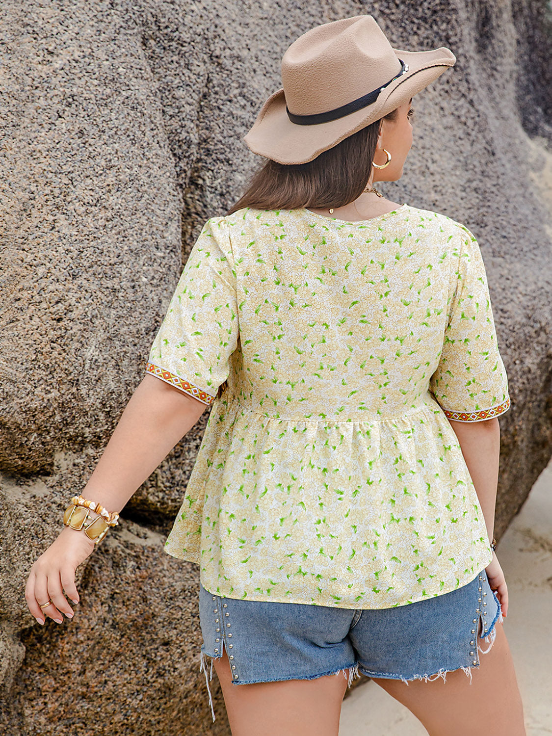 Plus Size Printed Tie Neck Half Sleeve Blouse 