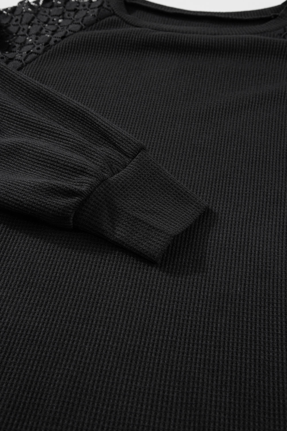 Lace Detail Round Neck Lantern Sleeve Top 