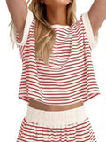 Full Size Contrast Striped T-Shirt and Shorts Set Plus Size Two Piece Dresses
