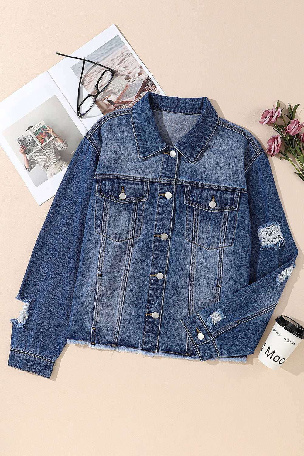 Plus Size Distressed Button Up Raw Hem Denim Jacket 