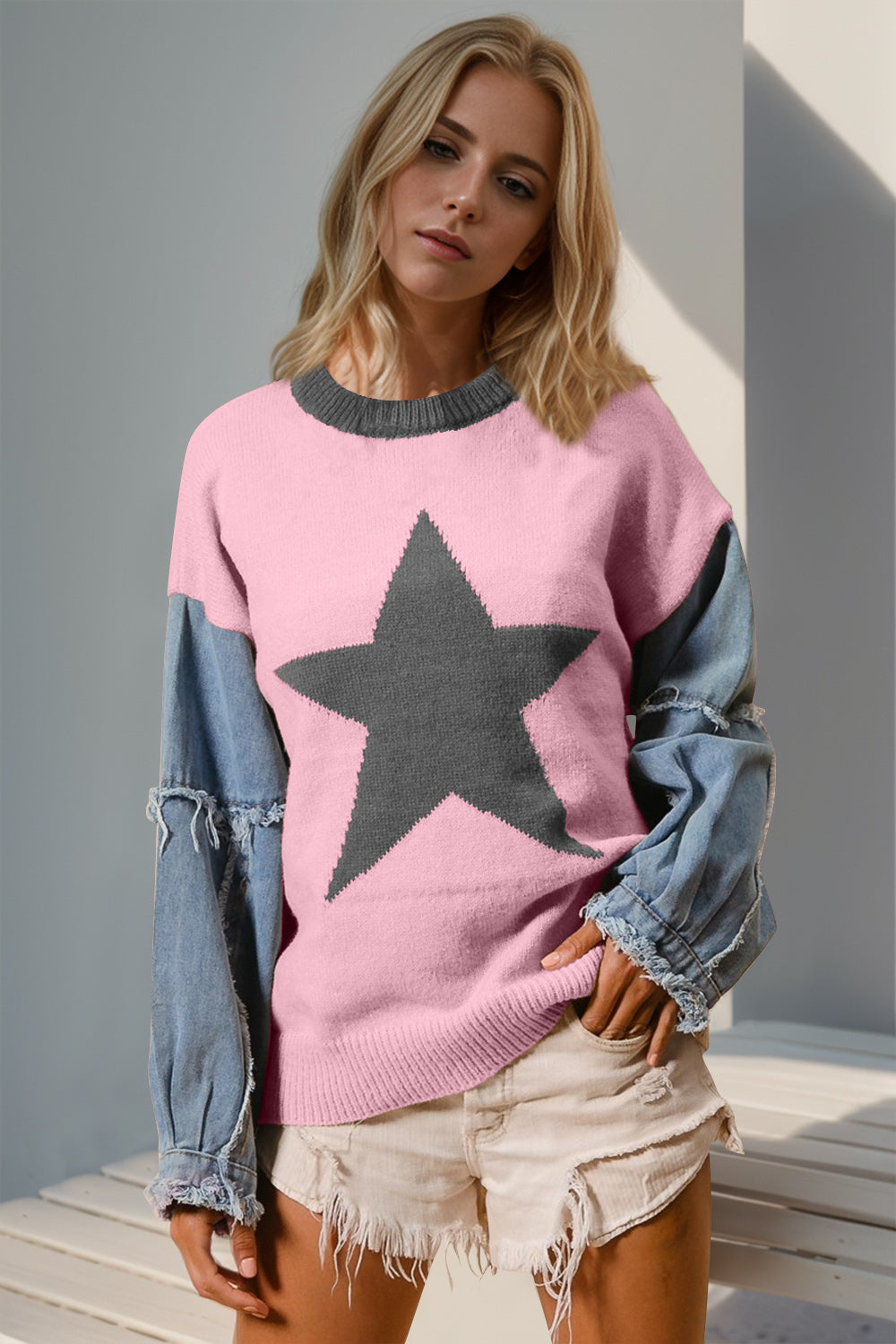 Double Take Full Size Star Pattern Raw Edge Long Sleeve Sweater 