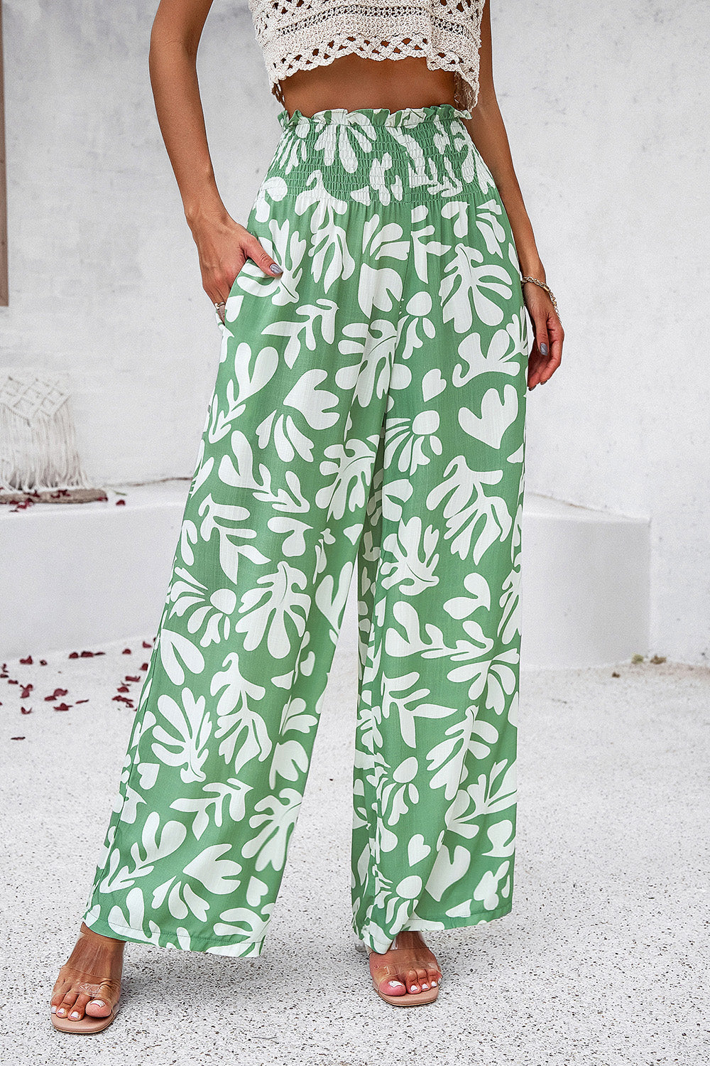Devine Smocked Printed Wide Leg Pants with Pockets 