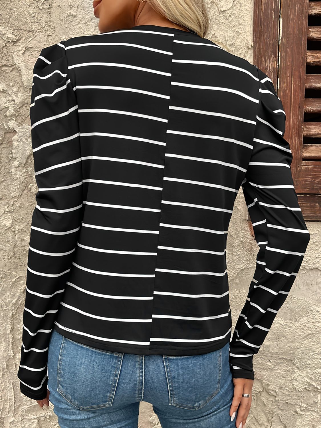 Full Size Striped Round Neck Puff Sleeve T-Shirt 