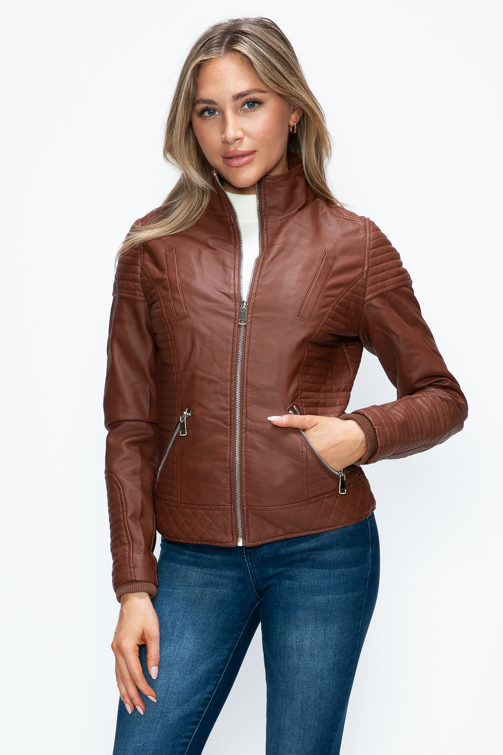 YMI Faux Layered Double-Zipper Jacket with Fuzzy Hood 
