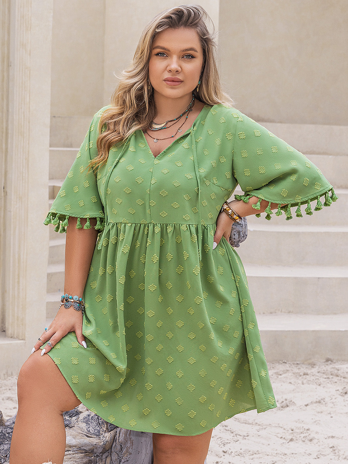 Plus Size Tied Tassel Half Sleeve Mini Dress 