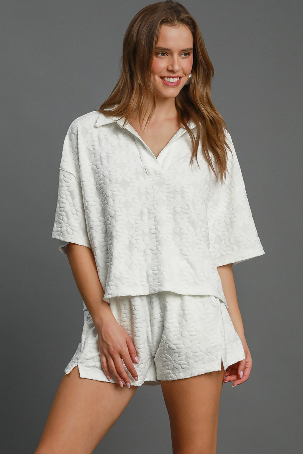 Umgee Floral Elastic Waist Jacquard Shorts with Pockets 