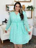 Double Take Full Size Printed Ruched V-Neck Long Sleeve Dress 