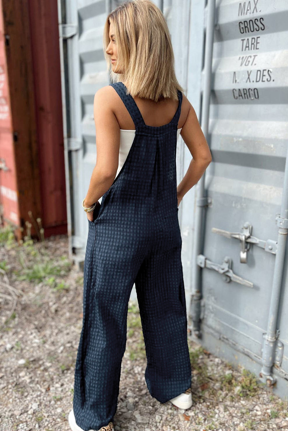 Sail Blue Plaid Print Buttoned Pocketed High Waist Overall Bottoms/Jumpsuits & Rompers