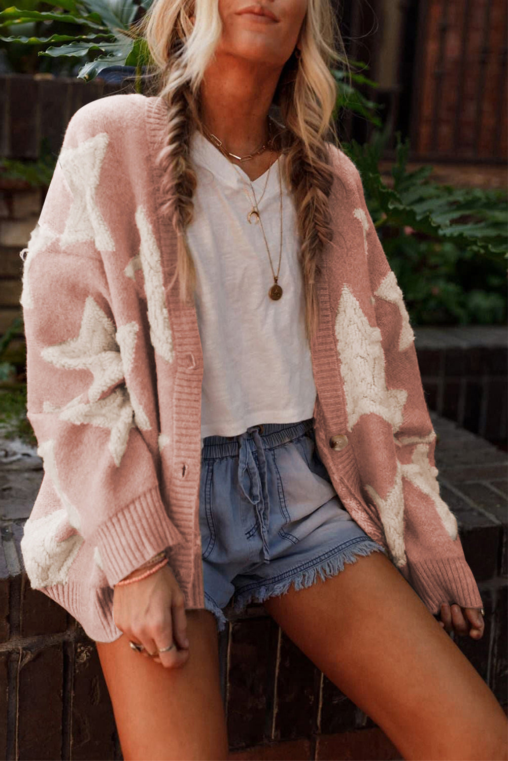 Pink Sherpa Star Pattern Textured Sweater Cardigan with Pockets Sweaters & Cardigans/Cardigans