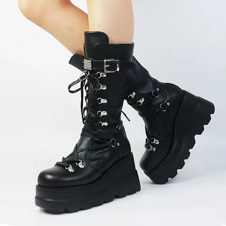 PU Leather Lace Up Wedge Boots 