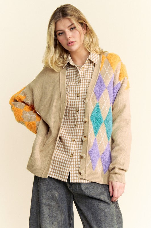 Davi & Dani Argyle V-Neck Dropped Shoulder Cardigan 