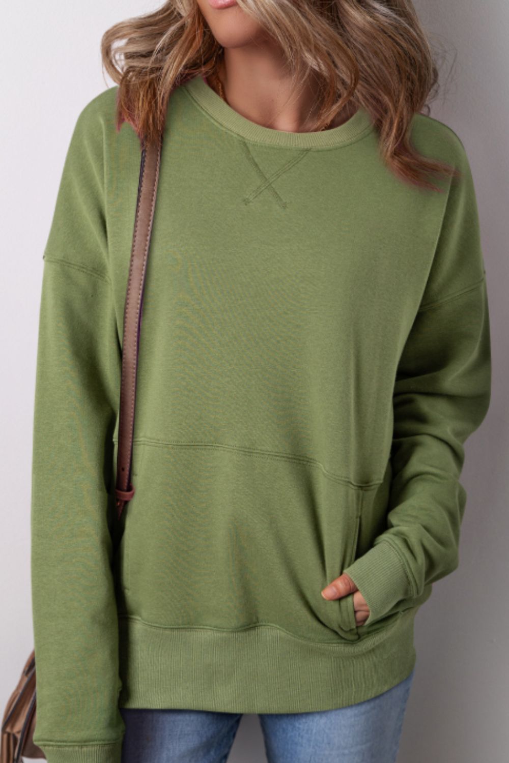 Solid Color Round Neck Long Sleeve Sweatshirt 
