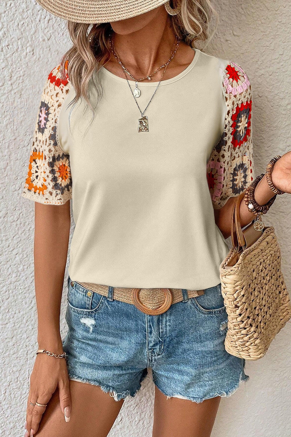 Geometric Round Neck Short Sleeve Blouse 