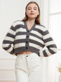 Button Down V-Neck Striped Cardigan 