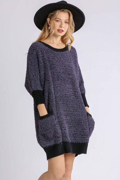 Umgee Full Size Ribbed Hem Round Neck 3/4 Sleeve Sweater Dress with Pockets Plus Size Dresses