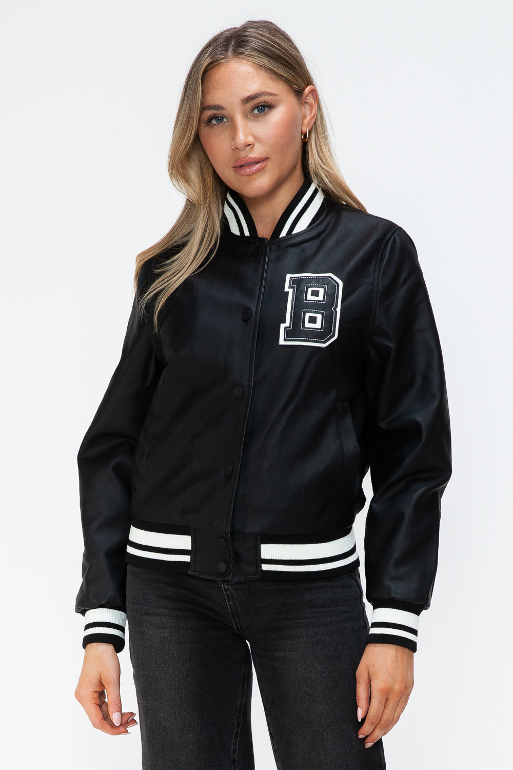 Love Me Now PU Leather Contrast Snap Down Bomber Jacket 