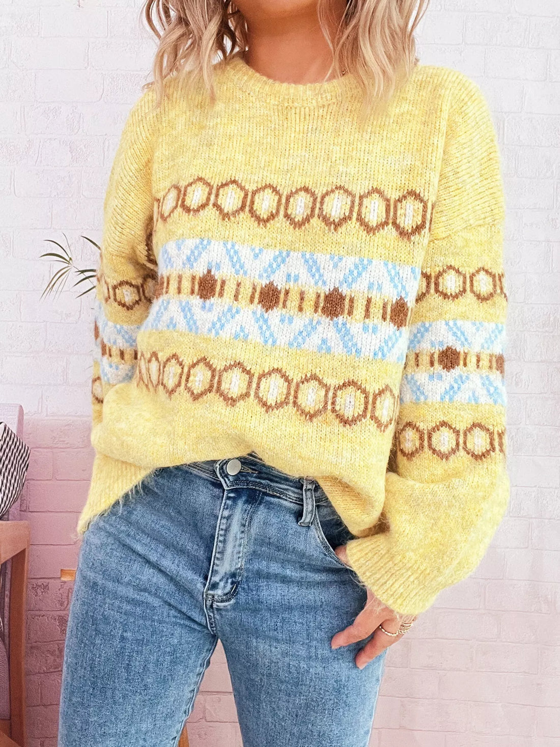 Contrast Round Neck Drop Shoulder Sweater 