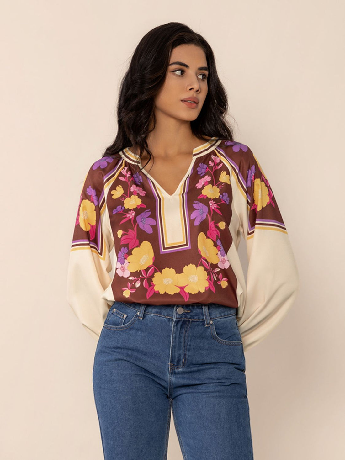 Printed Notched Long Sleeve Blouse 