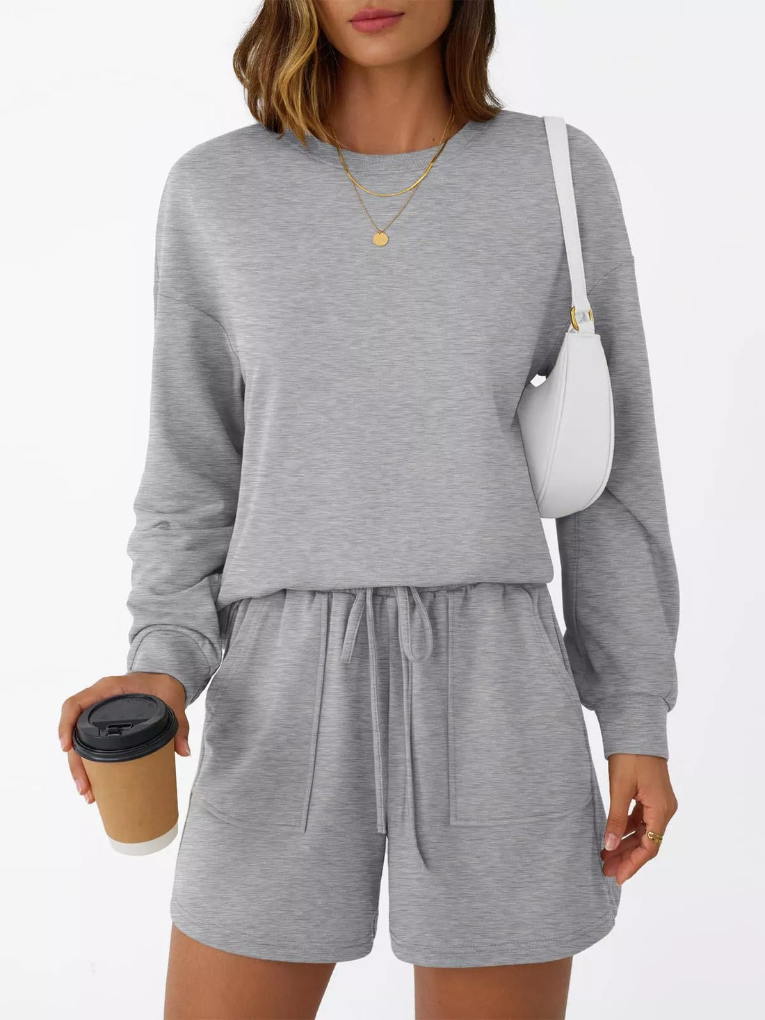 Round Neck Long Sleeve Top and Shorts Set Two Piece Dresses