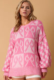 Double Take Full Size Checkered Bow Contrast Long Sleeve Sweater 