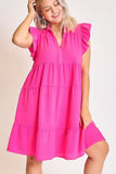 Umgee Full Size Johnny Collar Ruffle Cap Sleeve Tiered Dress Plus Size Dresses