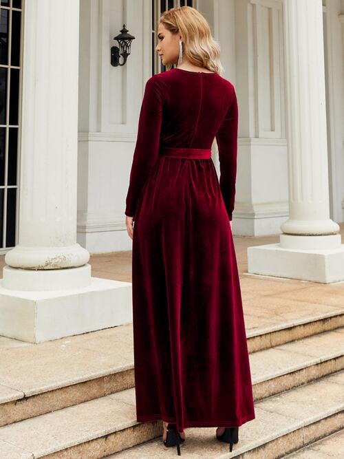Tie Front Round Neck Long Sleeve Maxi Dress Dresses
