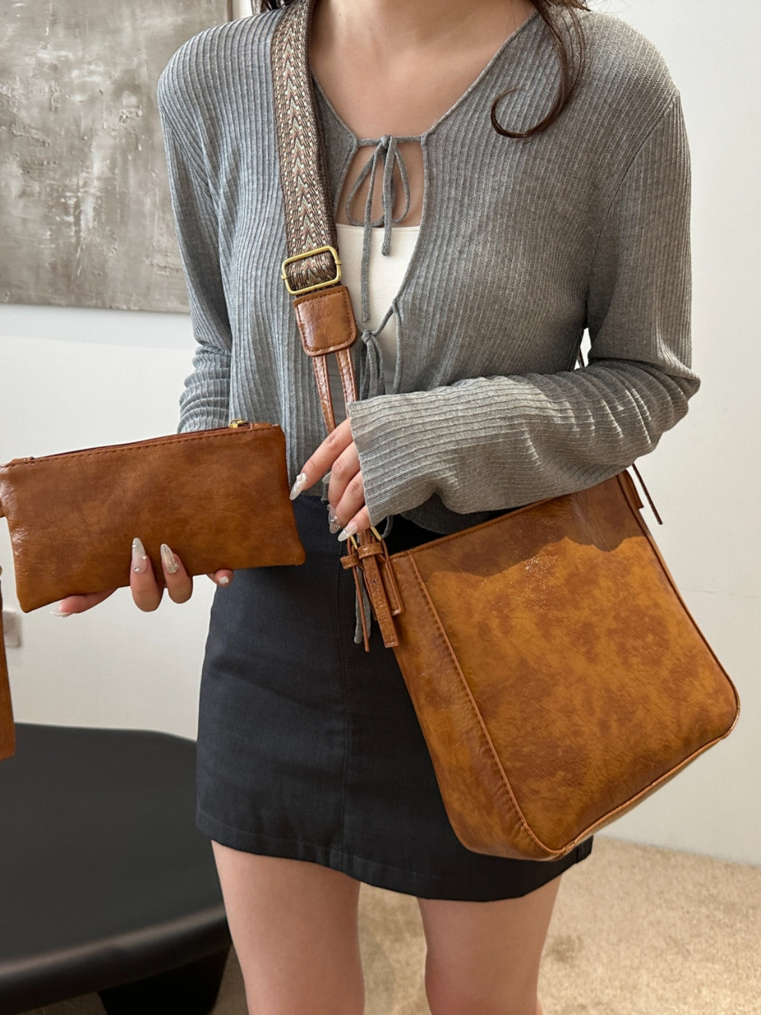 PU Leather Adjustable Strap Crossbody Bag with Pouch 