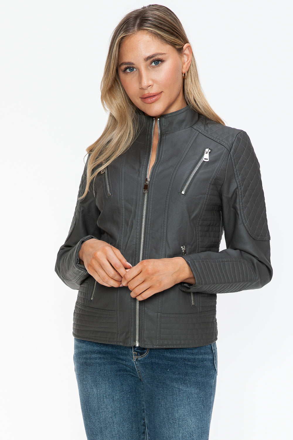 Snobbish Faux Leather Zip Up Mock Neck Jacket 