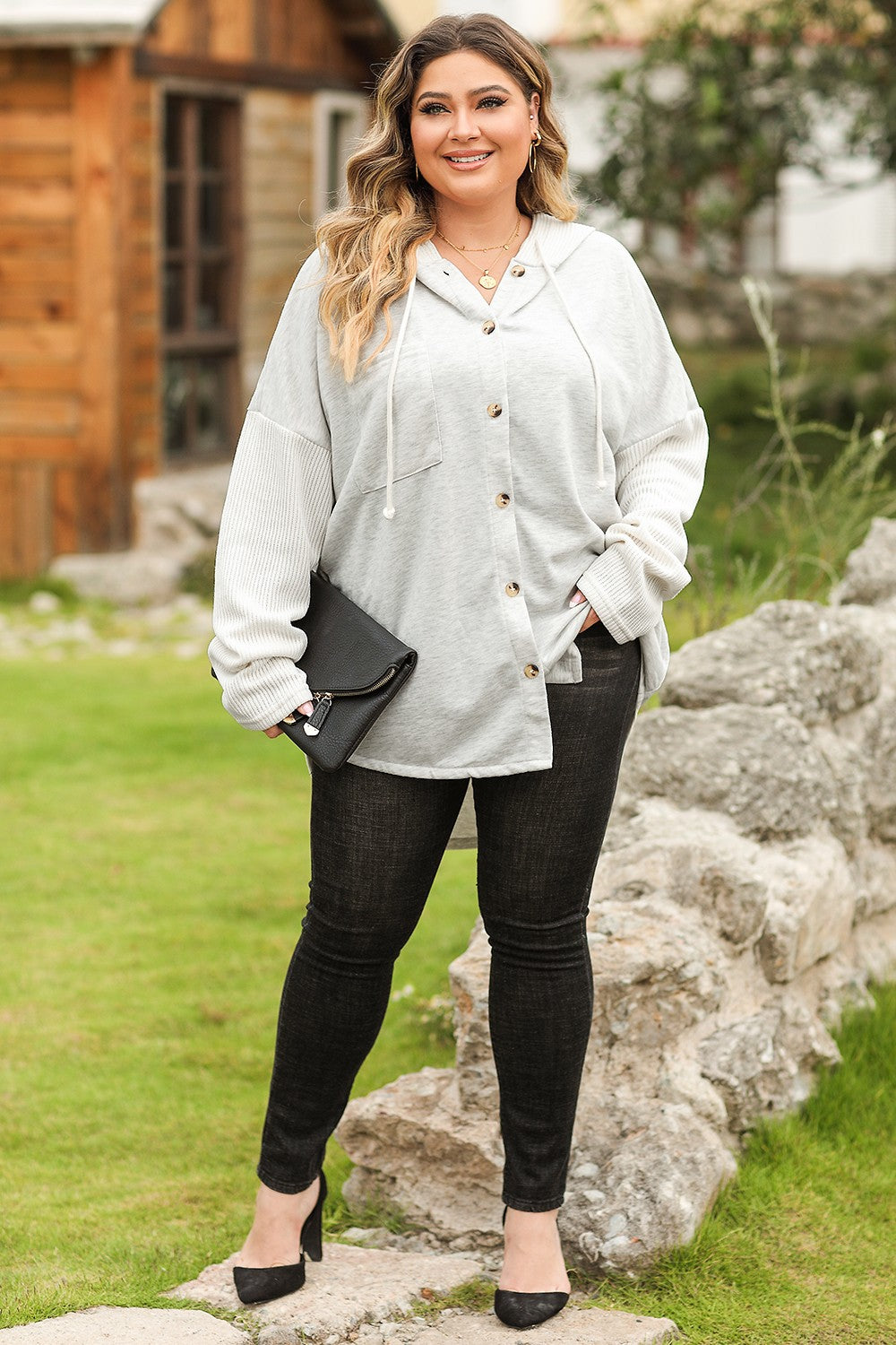 Plus Size Button Up Drawstring Long Sleeve Hoodie 