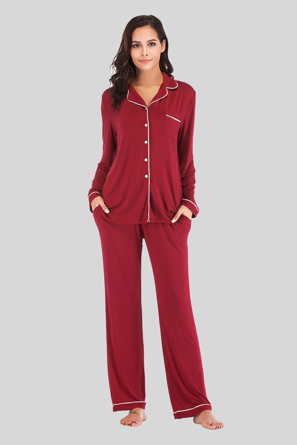 Collared Neck Long Sleeve Loungewear Set with Pockets Lingerie & Nightwear